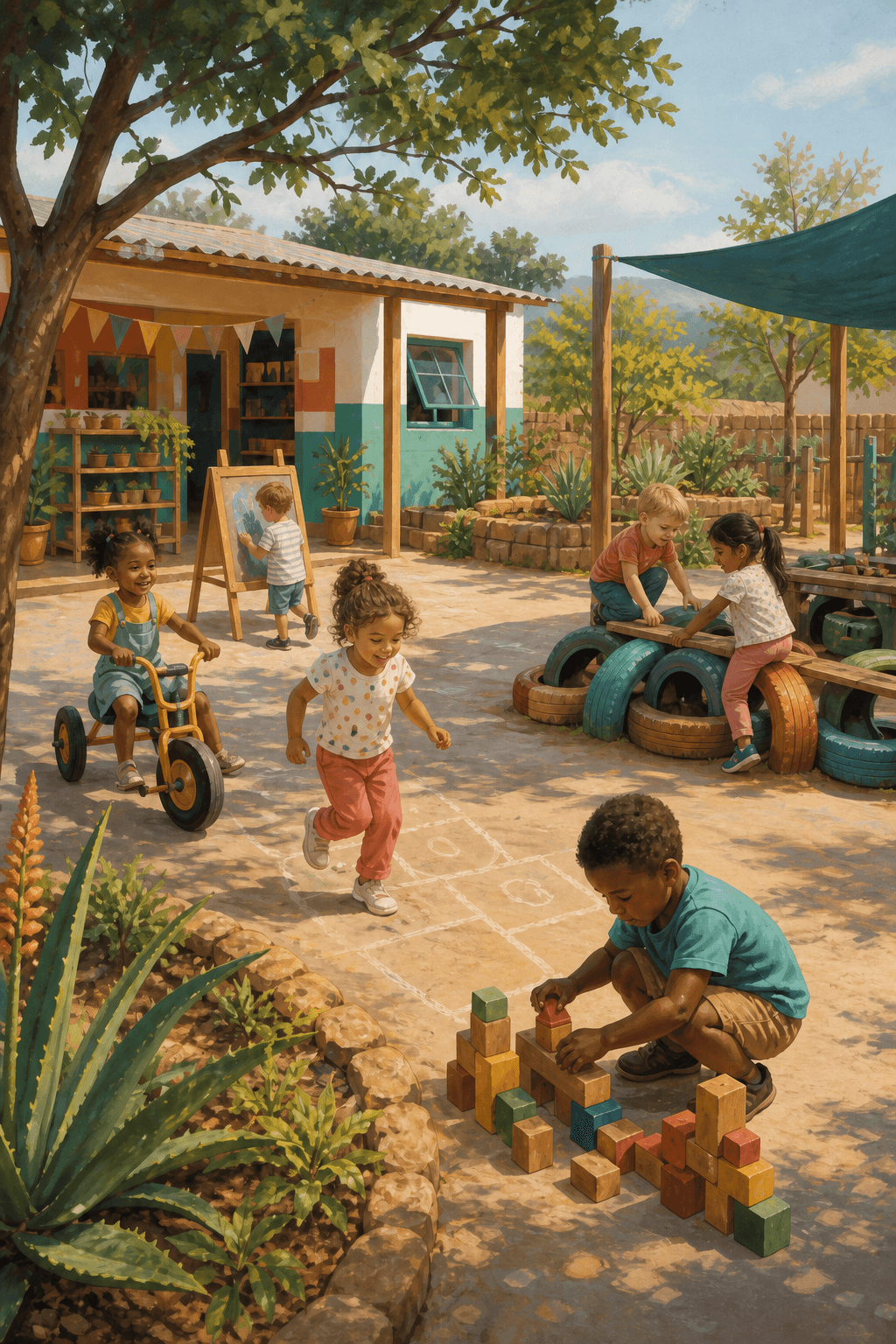 Children playing outside an early childhood development centre