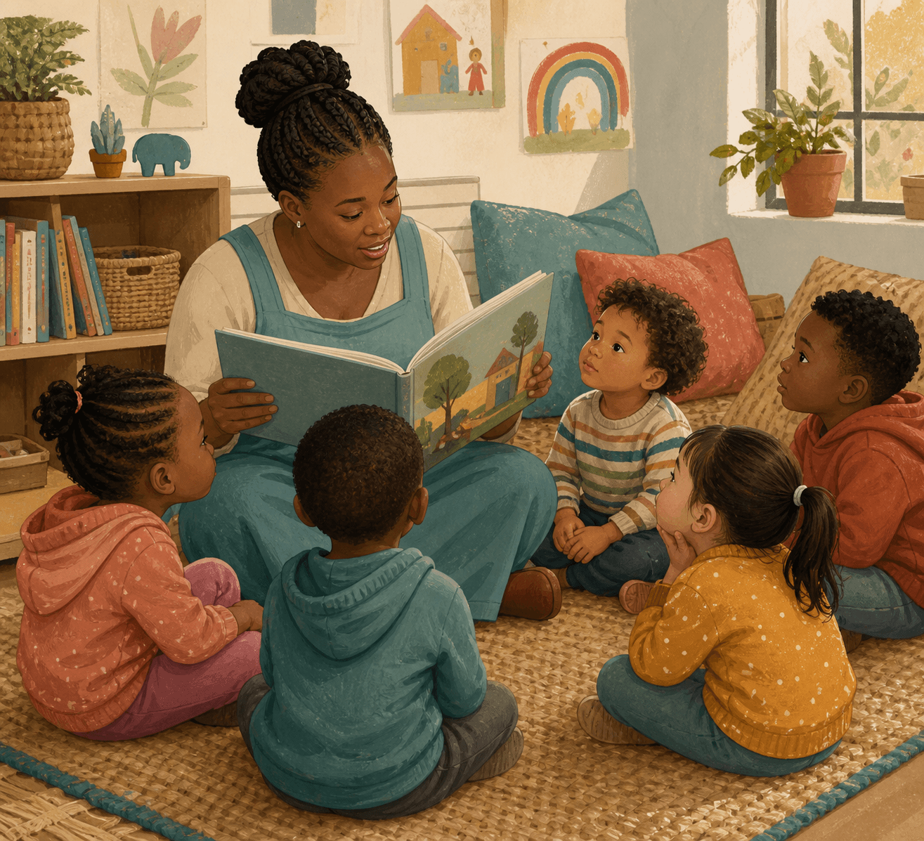 A teacher reading a story to children